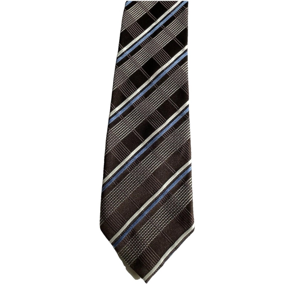 Donald J Trump Signature Collection Brown Plaid Blue White Stripes Silk Mens Tie